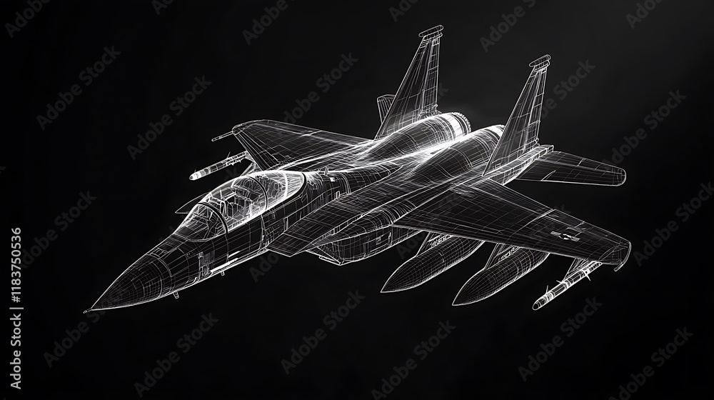 Poster wireframe view of an air force fighter isolated on a black background