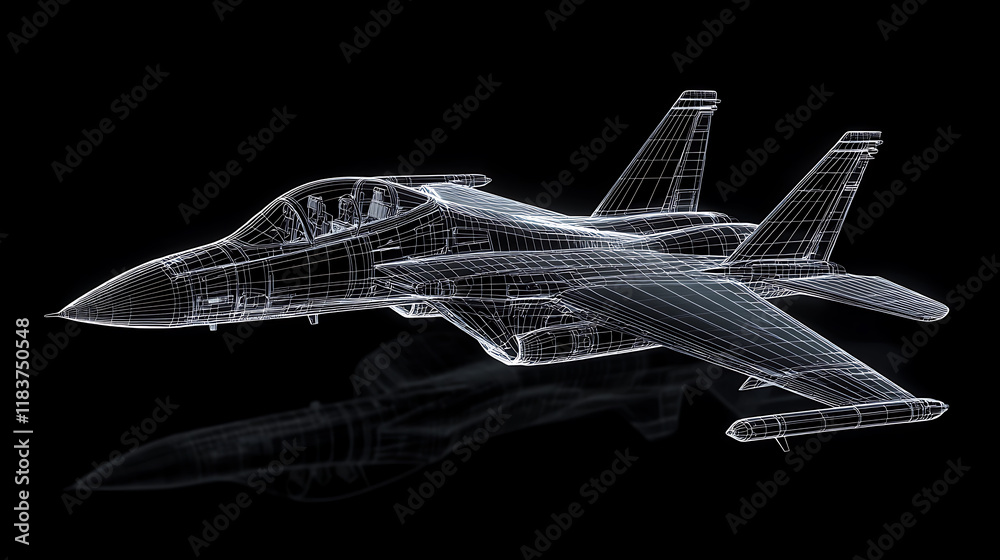 Poster wireframe view of an air force fighter isolated on a black background