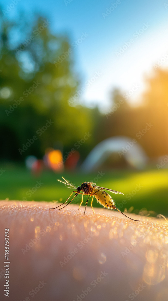 Poster close up of mosquito feeding on skin in natural setting, with sunlight filtering through trees, crea