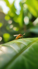 Fototapeta premium close up of mosquito resting on green leaf, showcasing its delicate wings and body. vibrant foliage creates natural backdrop