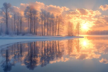 Fototapeta premium Winter Sunrise Reflection Over Serene Snow-Covered Lake Scene for Nature Photography