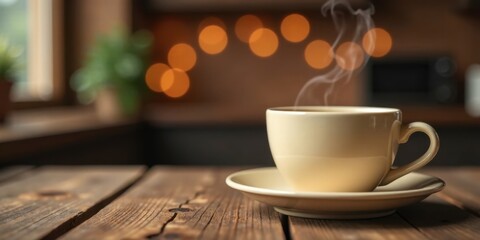 Fototapeta premium Warm Beverage in a Mug on Rustic Wood Surface with Bokeh Lights