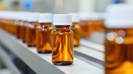A row of amber bottles with white caps, arranged neatly on a conveyor belt in a manufacturing facility.
