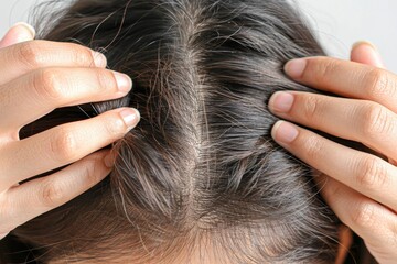 Obraz premium Signs of Hair Loss Close-up View of Thinning Hair and Possible Alopecia on a Womans Head