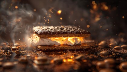 A graham cracker sandwich with a toasted marshmallow on top, set ablaze with a glowing interior, surrounded by burning embers.