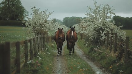 Two horses walking down a rural path lined with flowering trees and greenery.