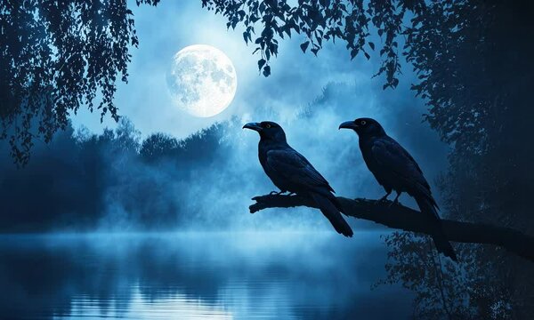 Two crows on branch in eerie moonlit night near misty lake