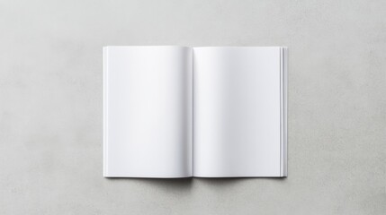 An open blank book lies on a light gray surface, inviting creativity and ideas with its empty pages.