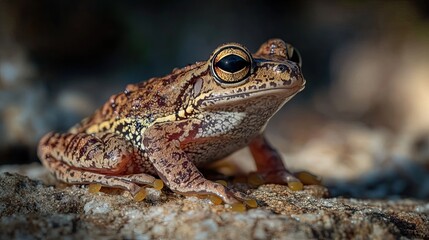 Obraz premium Close-up of a frog on a rock, outdoors, blurred background, wildlife photography for nature documentaries.