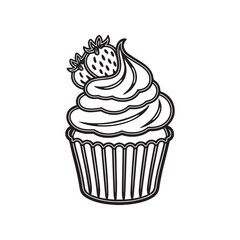 Playful Black and White Cupcake Line Art with Smiling Face, Strawberry, Cherry, Stars, and Floral Decor
