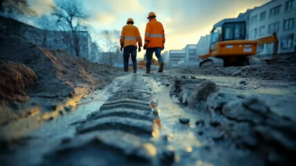 Two construction workers in orange vests walk along a muddy site with deep tire tracks at dawn