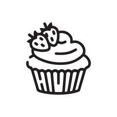 Playful Black and White Cupcake Line Art with Smiling Face, Strawberry, Cherry, Stars, and Floral Decor