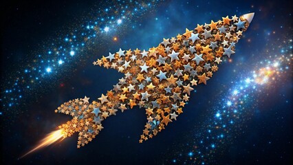 A mosaic of stars forming the shape of a rocket in flight