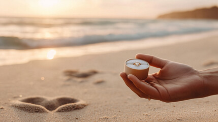 Male hand presenting a ring box with a gold engagement ring, blurred sunset beach scene behind: The soft light of the setting sun reflects on the waves, and heart-shaped footprints