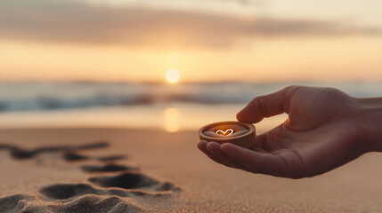 Male hand presenting a ring box with a gold engagement ring, blurred sunset beach scene behind: The soft light of the setting sun reflects on the waves, and heart-shaped footprints