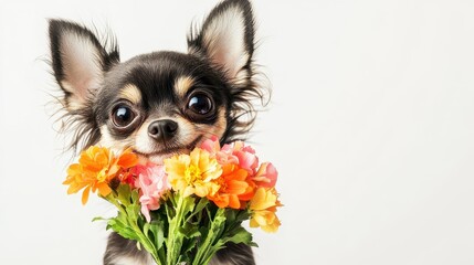 Chihuahua Dog with Flowers in Adorable Floral Outfit