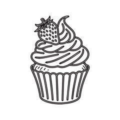 Playful Black and White Cupcake Line Art with Smiling Face, Strawberry, Cherry, Stars, and Floral Decor