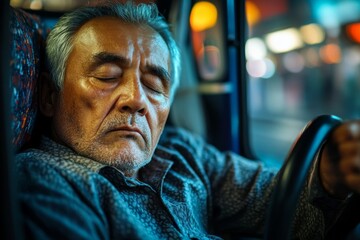 Fototapeta premium Tired bus driver fell asleep at steering wheel. Generative AI