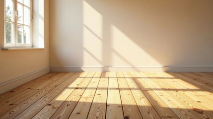 Empty Room with Sunlight Streaming Through Window and Light Wooden Floor