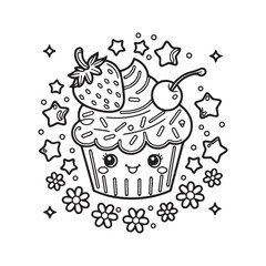 Playful Black and White Cupcake Line Art with Smiling Face, Strawberry, Cherry, Stars, and Floral Decor