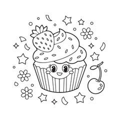 Playful Black and White Cupcake Line Art with Smiling Face, Strawberry, Cherry, Stars, and Floral Decor