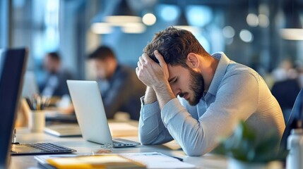 Businessman facing a high stress at work. Lack of rest time. Burnout, exhaustion. Toxic corporate office environment.