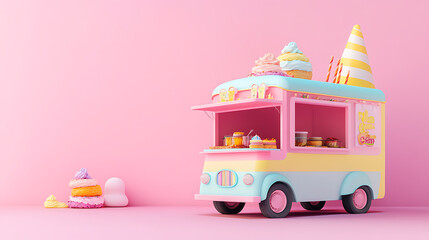 3d render, fantasy colorful food truck of candyland on pink background