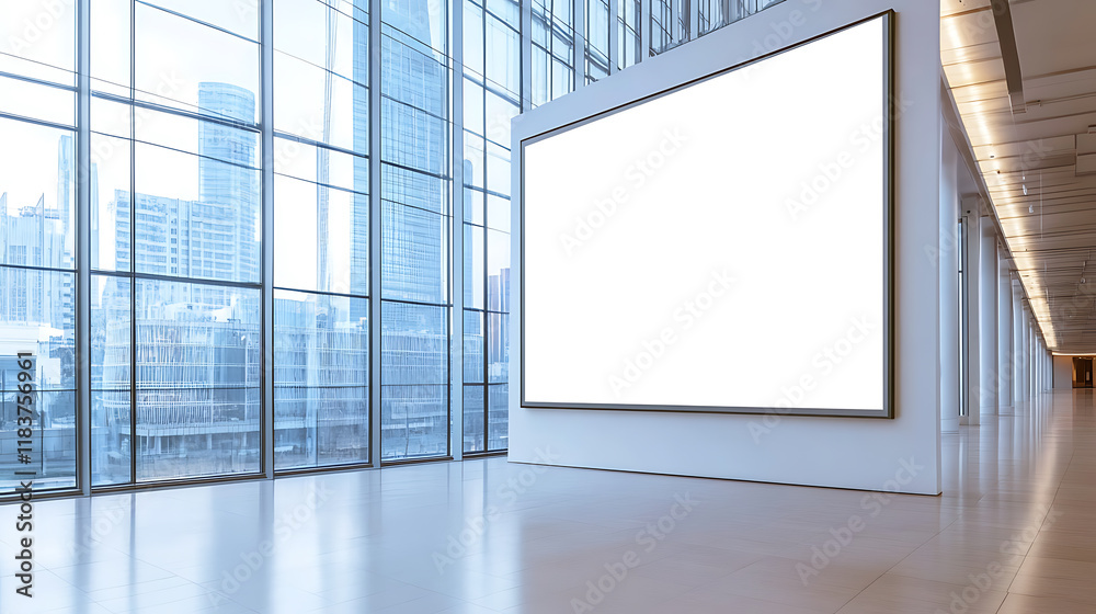 Poster an empty modern office interior with a large blank billboard on the wall and floor-to-ceiling window
