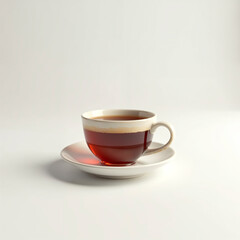 A cup of tea sits on a saucer. The cup is white and has a handle. The saucer is white and has a design on it. The tea is hot and steaming