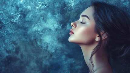 Serene Beauty: A Woman's Profile Against a Textured Blue Background