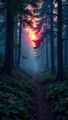 Fototapeta premium Dark forest landscape with dense foliage at dusk, mist, nature, forest