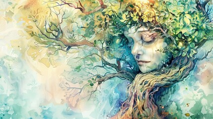 Dryad embracing tree cute watercolor 3d electric power