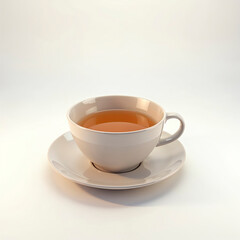 A white cup with a saucer sits on a table. The cup is filled with a dark liquid, which appears to be tea. Concept of calm and relaxation