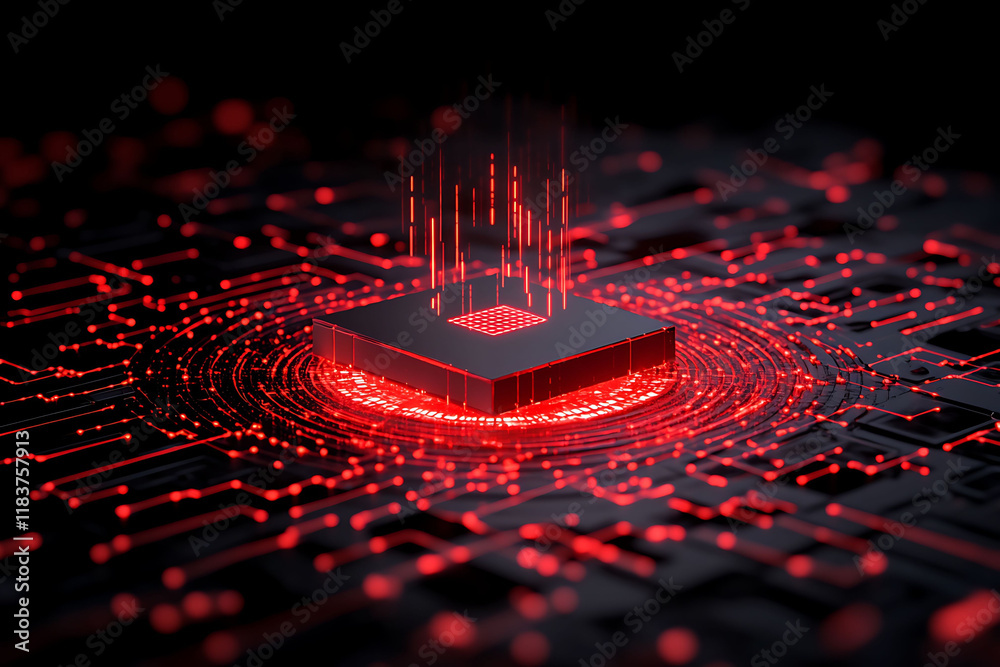 Poster red illuminated microchip central processing unit