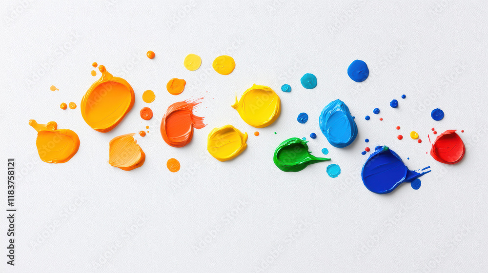 Poster colorful paint blobs arranged artistically on white canvas, showcasing vibrant hues. perfect for cre