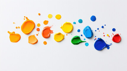 Colorful paint blobs arranged artistically on white canvas, showcasing vibrant hues. Perfect for creative projects and artistic inspiration