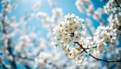 Obraz premium Cherry blossoms, spring bloom, delicate white petals, blue sky background, sunlight streaming through branches, macro photography, soft focus, dreamy atmosphere, natural beauty, seasonal flowering,