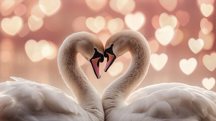 Naklejka premium A pair of swans with their necks forming a heart shape, blurred pink background filled with floating hearts: The swans' elegant white feathers contrast with the vibrant pink tones