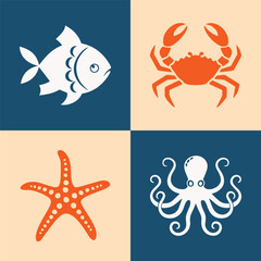 Fototapeta premium A colorful vector marine creatures icon set showing fish, crab, starfish, and octopus on bold split-tone backgrounds
