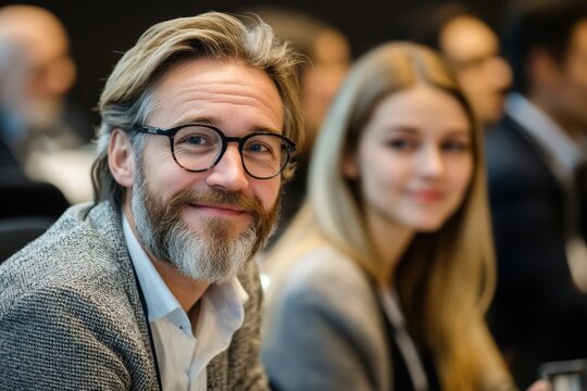 Happy entrepreneurs communicating while attending business seminar in conference hall. Generative AI
