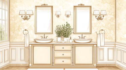 Beige bathroom interior with two washbasins and cabinet with accessories