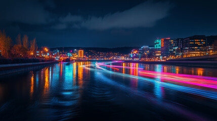 Fototapeta premium A stunning futuristic cityscape at night with neon lights and flowing light trails in water reflections.