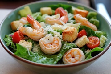Shrimp Caesar Salad with greens croutons cherry tomatoes and Parmesan