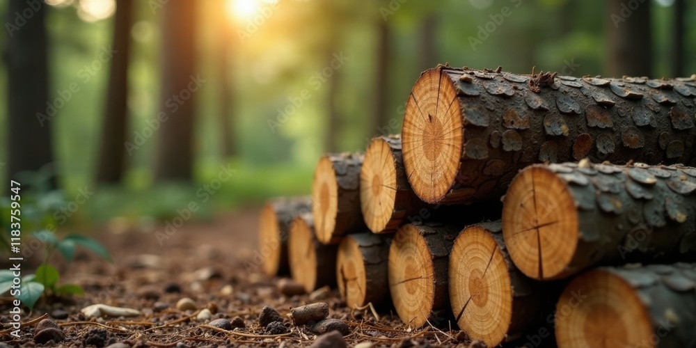 Poster stack of wooden logs in a forest setting at sunset