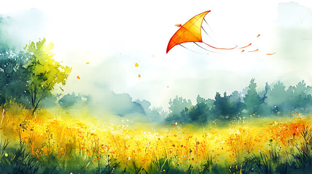 Beautiful watercolor illustration of flying kite above mustard fields