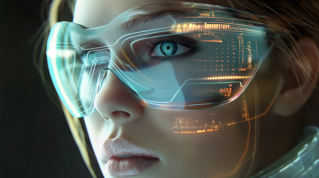 woman wearing augmented virtual reality goggles in metaverse