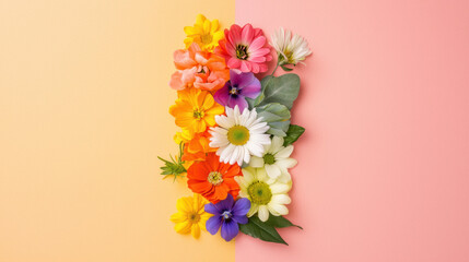 Obraz premium Bright and colorful flowers arranged on pastel background, showcasing vibrant hues and natural beauty