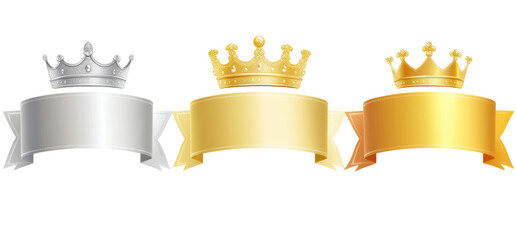 Three ornate crowns in silver, gold, and bronze are displayed above matching banners, symbolizing achievement and ranking. elegant design highlights regal and prestigious nature of awards