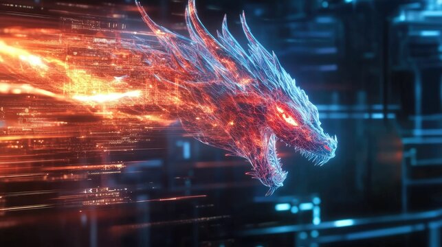 Fiery, digital dragon head; glowing data streams.