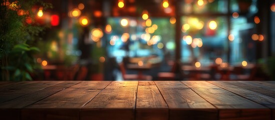Wooden table, cafe bokeh, night, ad mockup